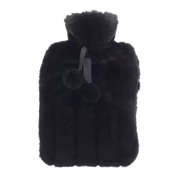 Luxury classic faux fur hot water bottle and cover - Black - 2 Litre